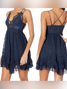 Free People Sleeveless Adella Navy Lace Slip Dress Babydoll Mini Dress